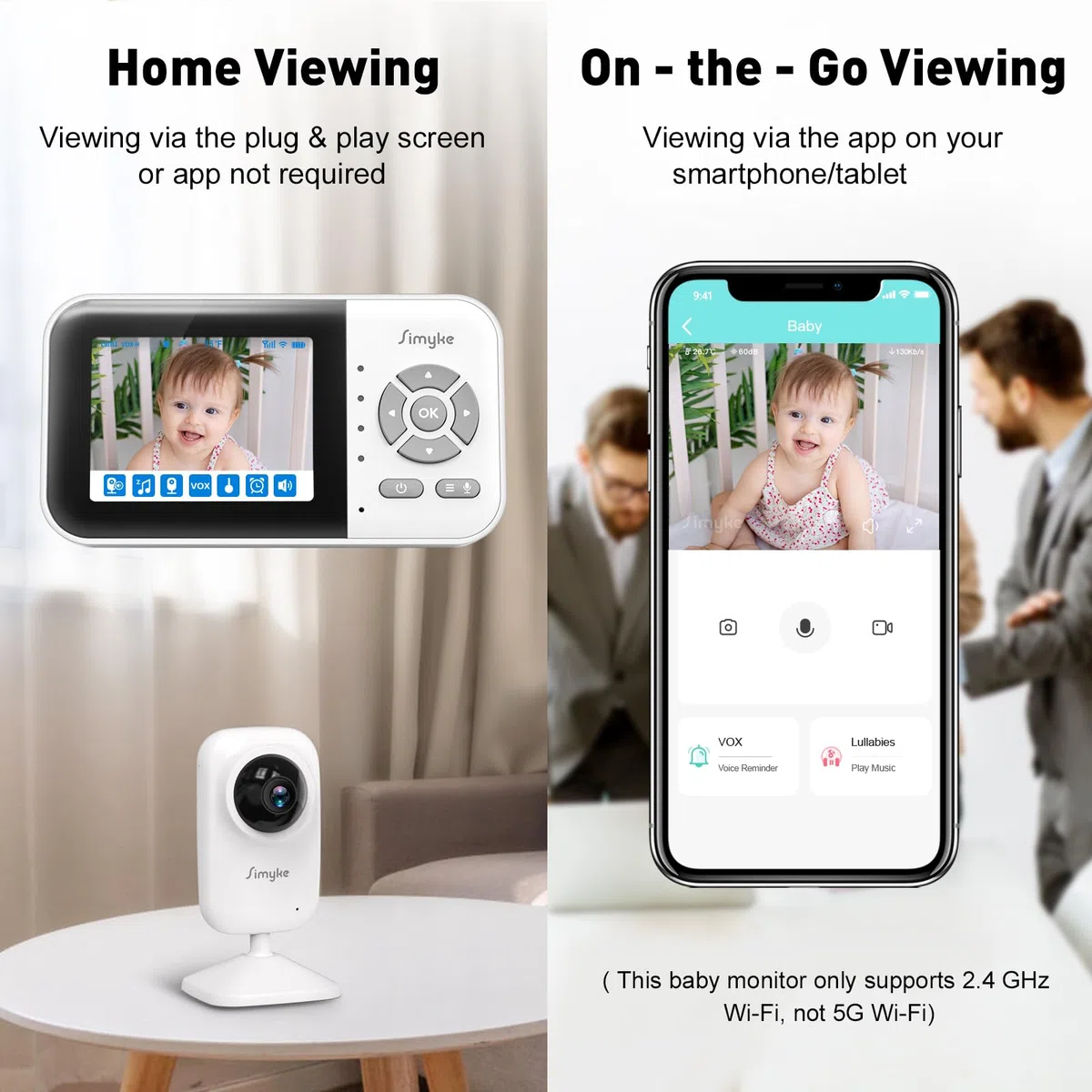Simyke Smart Baby Monitor mit 2 Kameras und Audio 2.8'' Bildschirm WLAN ON/Off Switch Vision 2-Wege-Gespräch, 1200ft Lange Reichweite Fütterung Uhr Temperatur-Erkennung, tragbare drahtlose Baby Cam