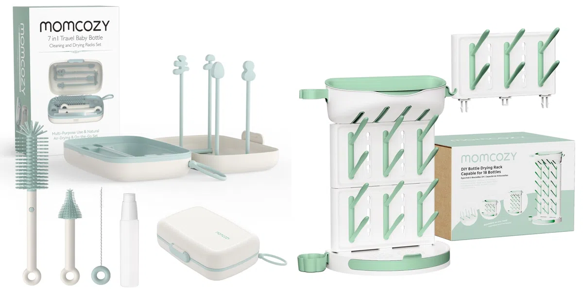 Momcozy Flaschenbürsten-Set - Babyflaschen-Reinigungsset mit Silikonbürste & Momcozy Premium Babyflaschen Trockenständer – Vertikaler Flaschenhalter für 18 Flaschen & Stillzubehör