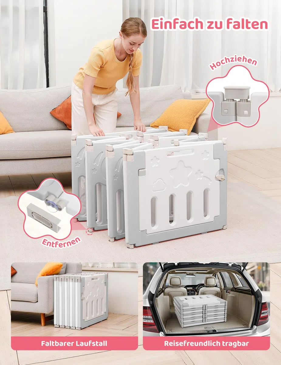 Dripex Laufstall Baby Faltbar, for Baby & Toddlers Kleinkinderzimmer, Möbel | Großes Laufgitter Baby mit verstellbarer Form,Erweiterbar mit Tür und Spielbrett für Innen/Außen,14 Panels/150x150cm/GrauWeiß