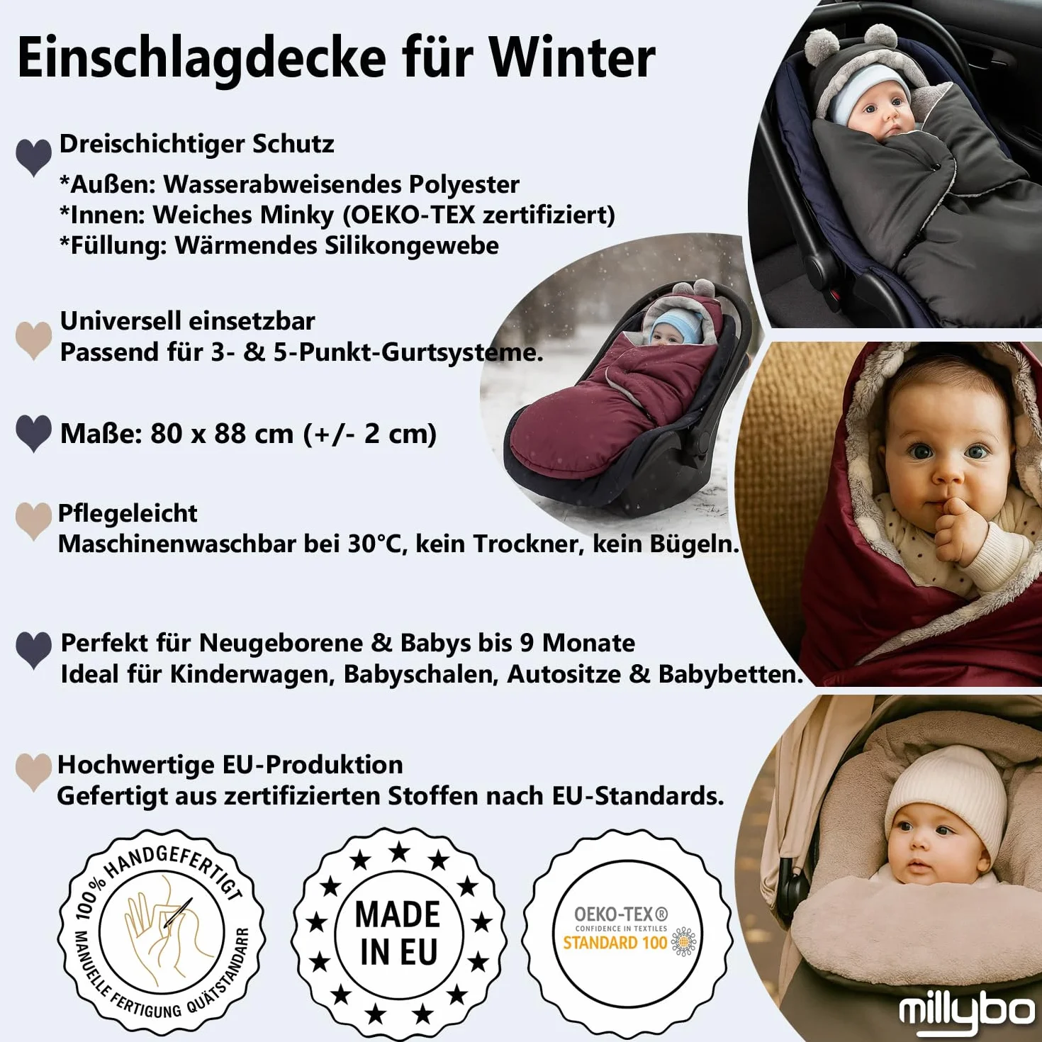 Einschlagdecke für Babyschale – Warmer Fußsack für Baby, Kuschelige Babydecke für Kinderwagen, Kindersitz & Babybett, Ideal für Herbst & Winter, Made in EU (605.020 Grau/Herz rosa)