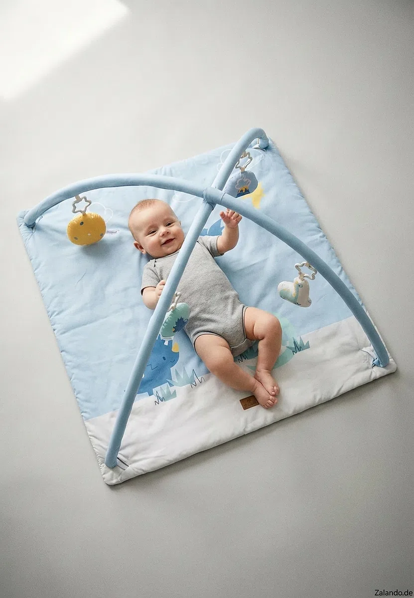 Sterntaler Spielbogen Dino Rexi - Spielbogen wattiert - Baby Spieldecke mit Bogen und Spielfiguren zum Abnehmen - Baby Spielzeug mit Knisterpapier, graublau