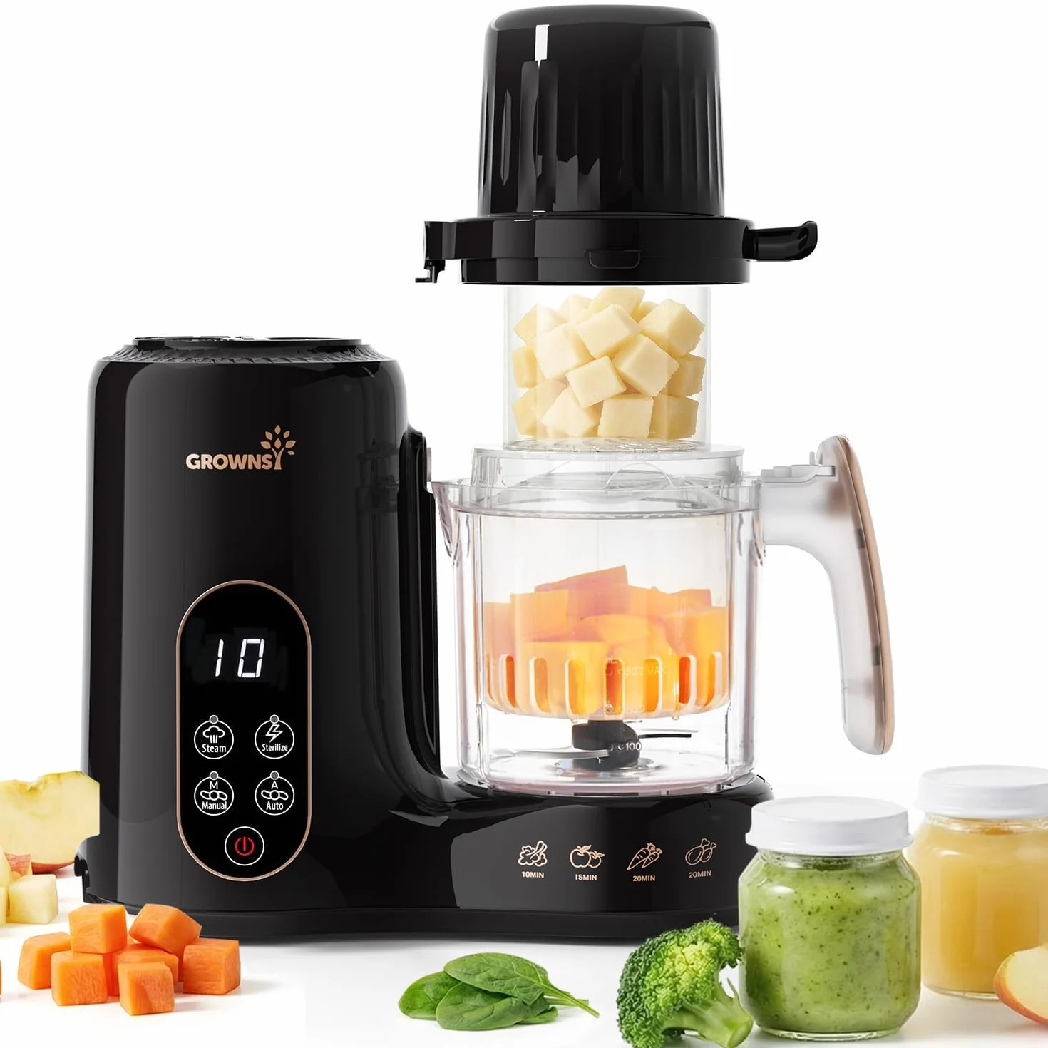 Grownsy Babynahrungszubereiter Dampfgarer Pürierer Sterilisator BPA-frei zweistöckiger Dampfkorb