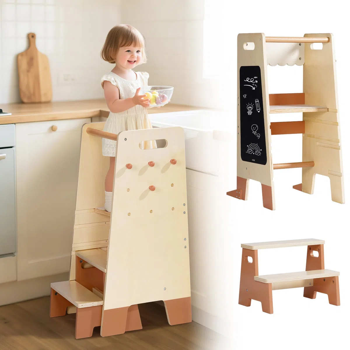ROBOTIME Tritthocker aus Holz für Kleinkinder mit Sicherheitsgeländer & Tafel – Montessori Küchenhelfer für Kinder ab 2 Jahren, Badezimmer- & Kindermöbel