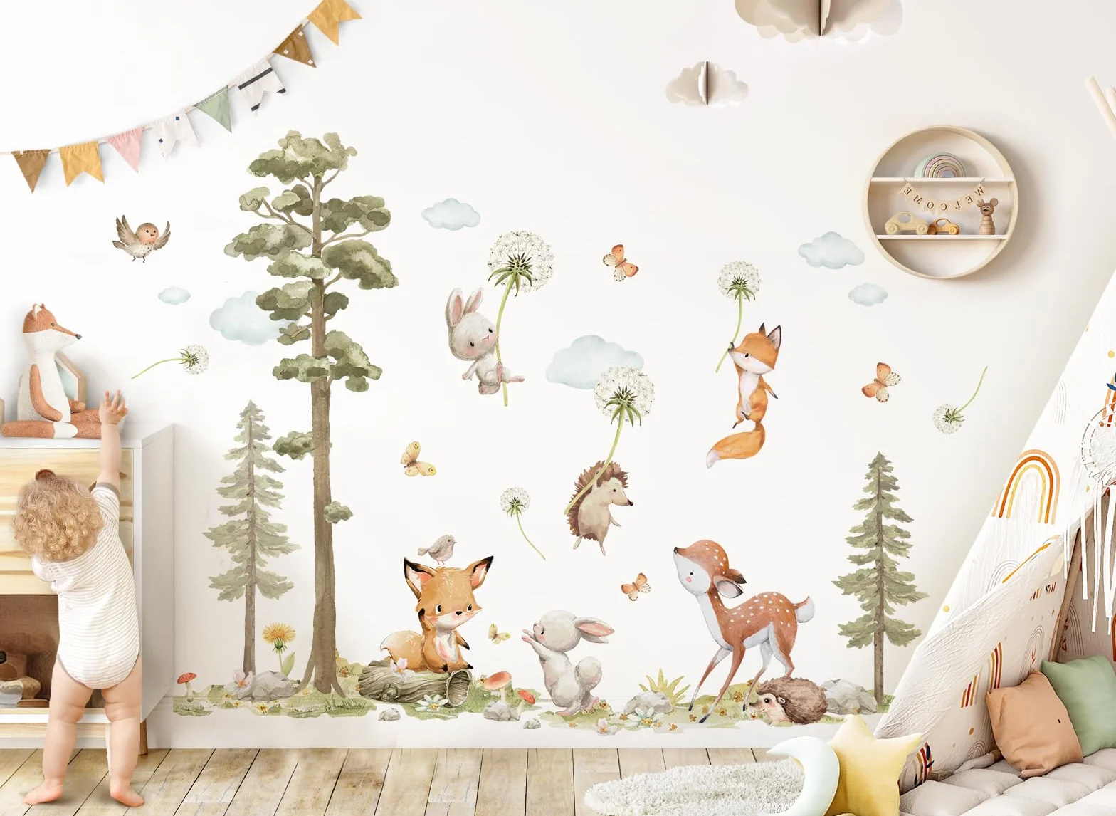 Wandtattoo Waldtiere Baum Wandsticker Fuchs Hase REH Wandaufkleber Babyzimmer Pusteblume Kinderzimmer Wanddeko DK1137-04