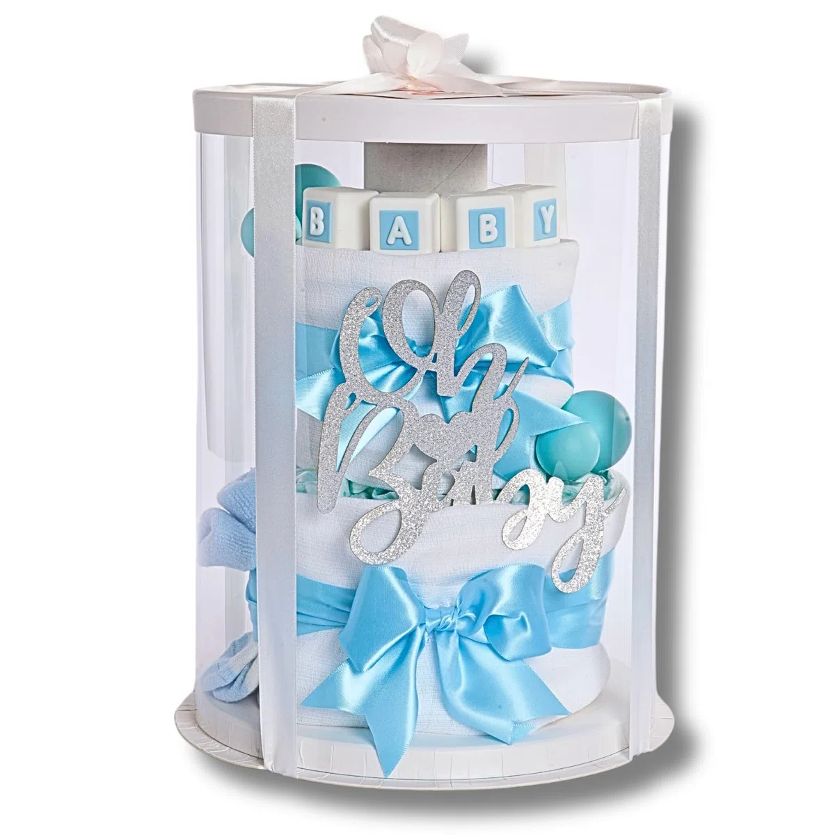 limely©, Windeltorte, Geschenk zur Geburt – Premium Geschenkset mit 16 Pampers Windeln, Bio Mullwindeln, Baby Söckchen, Grußkarte & Geschenkverpackung – Tolles Geschenk für Babyparty (Blau)
