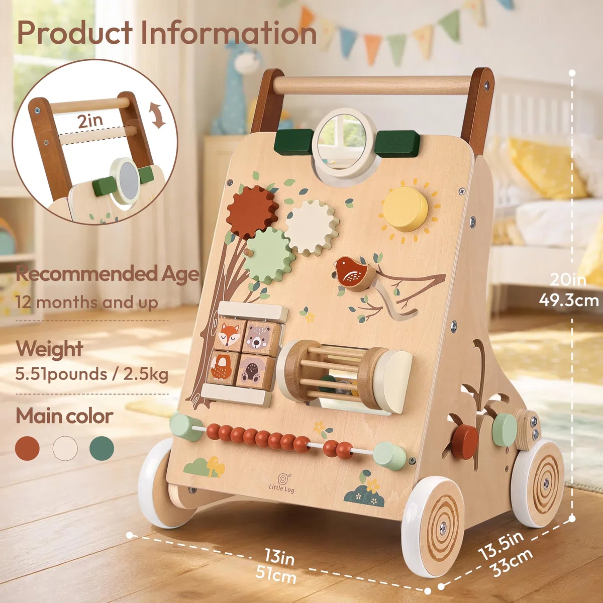 Little Log Lauflernwagen Holz, Baby Lauflernhilfe mit Activity Center | Multifunktionales 9-in-1 Montessori Spielzeug mit Rädern Gehhilfe & Baby Walker Geschenk für Mädchen und Jungen ab 1 Jahr