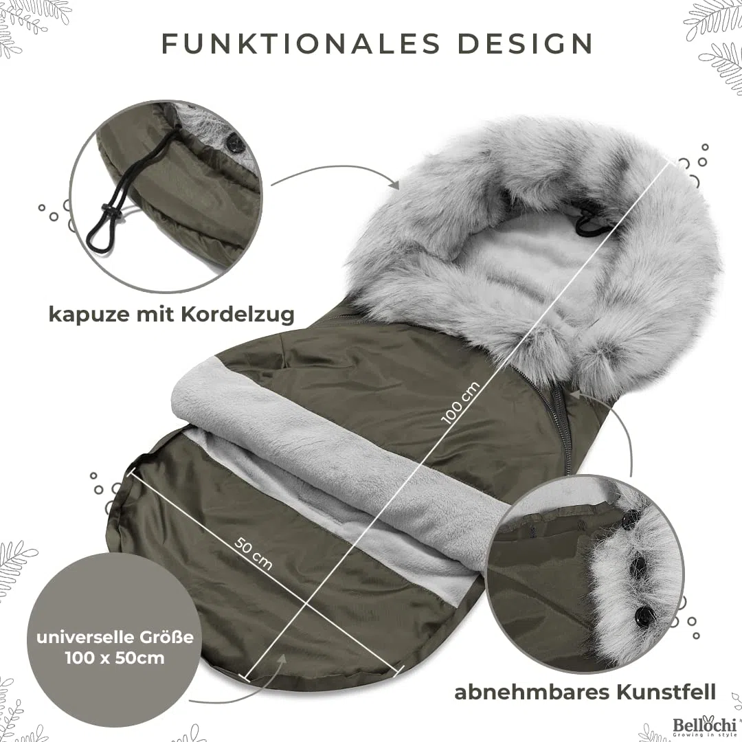 Bellochi Fußsack Kinderwagen Winter Universal Fußsack Buggy Winter - Kuschelig Warme Wintersack Kinderwagen mit Reißverschluss und Pelz (X - Khaki)
