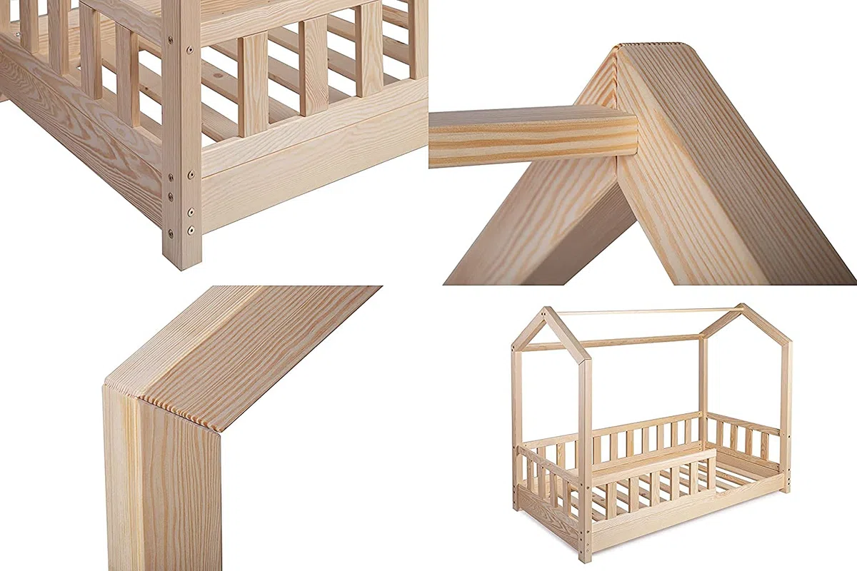 Kinderbett Bett Hausbett 60x120 mit Rausfallschutz Latternost Bettgestell aus Kiefer Holz für Haus Kinder Jungen & Mädchen - Holzbett Baby Kinderzimmer Junge Deko (Rausfallschutz: MIT)