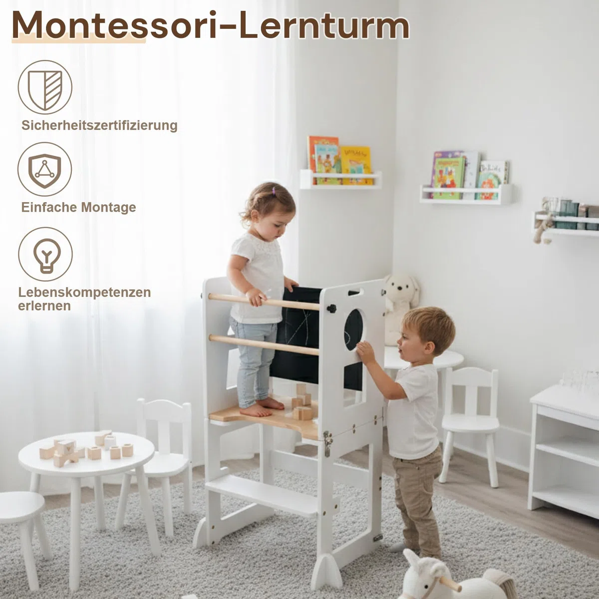 LEADZM Lernturm ab 1 Jahr，Lernturm Klappbar，Montessori Spielzeug ab 1 Küche | Jahr，Learning Tower，für Tisch Bad(Weiß