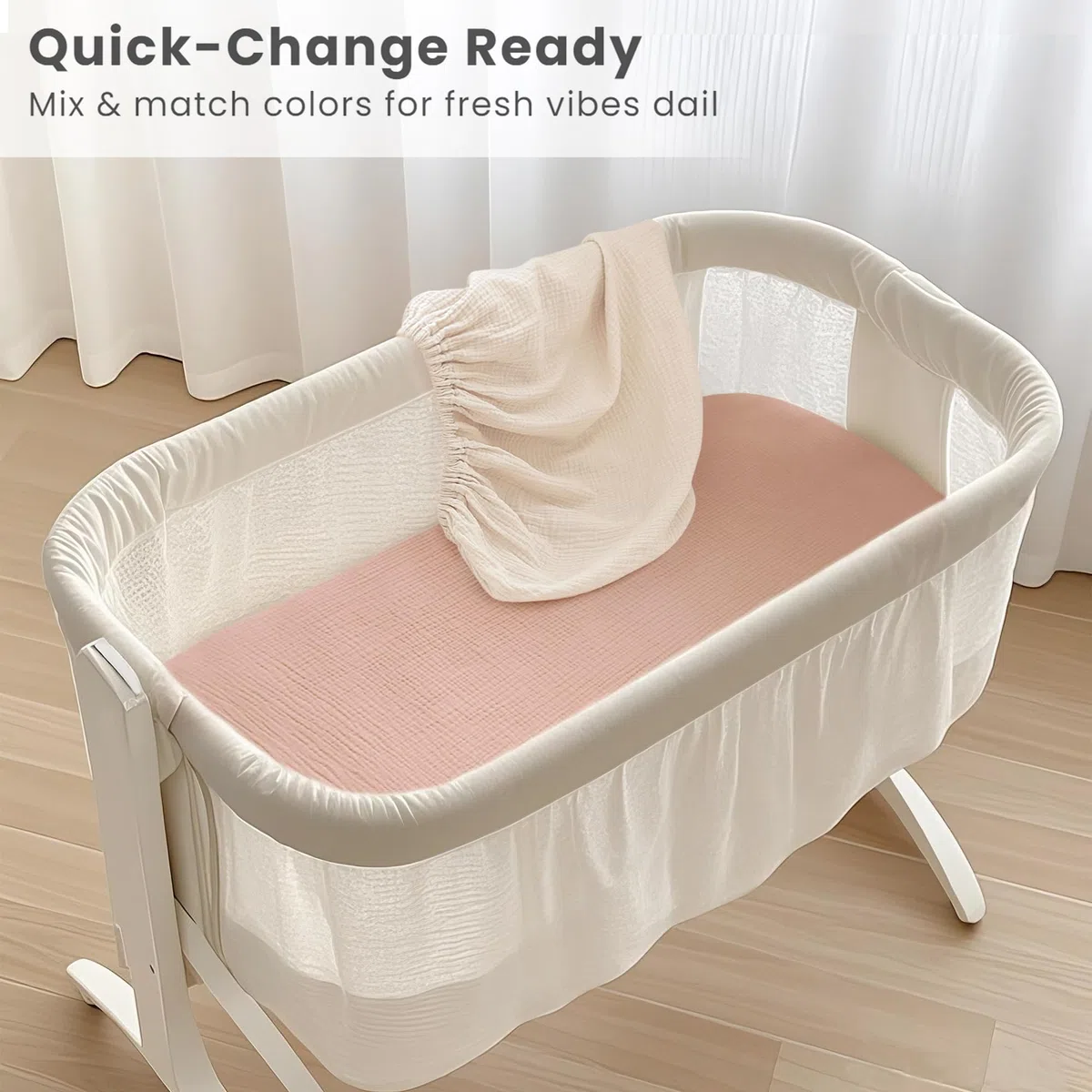 Konssy 2er-Pack Musselin Korbbezug für Baby Mädchen Jungen, 83 cm x 53 cm | 100% Baumwolle, weiche Körbchenbettchen, geeignet für Babyfreude, Traum auf mich, rechteckige Bettmatratzen (rosa, creme)