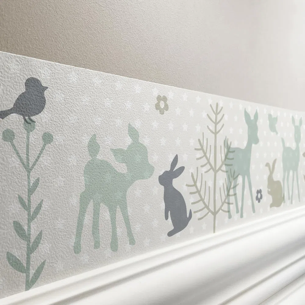 Bordüre selbstklebend HÄSCHEN & REHE MINT/GRAU/BEIGE - Wandbordüre Kinderzimmer / Babyzimmer mit Hase und Reh - Wandtattoo Schlafzimmer Mädchen & Junge, Wanddeko Baby / Kinder