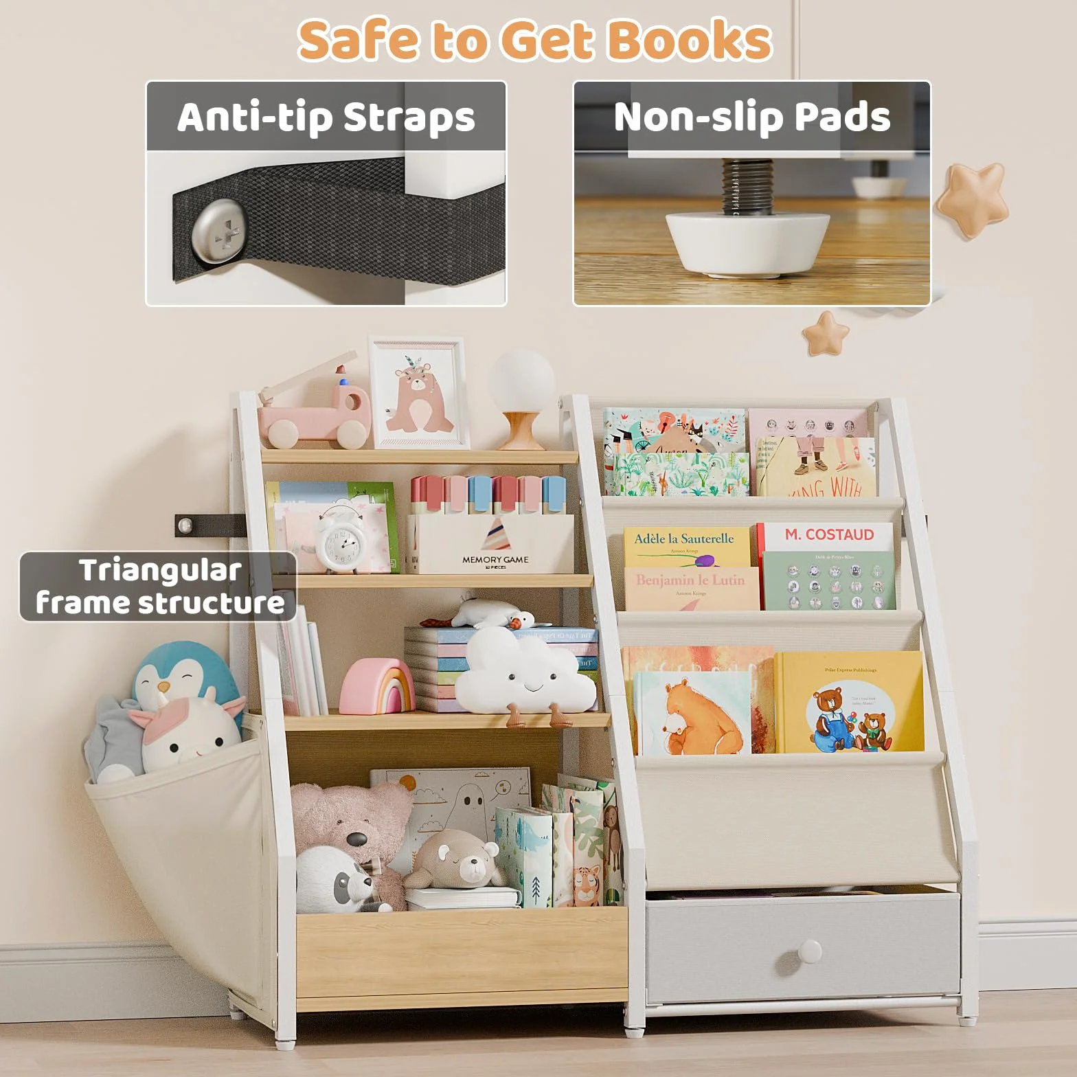 HAVLOTII Kinder-Bücherregal und Spielzeugaufbewahrung – Bücherregal für Kinderzimmer, Kleinkind-Bücherregal für Kinderzimmer, Montessori-Spielzeug-Organizer, Burlywood