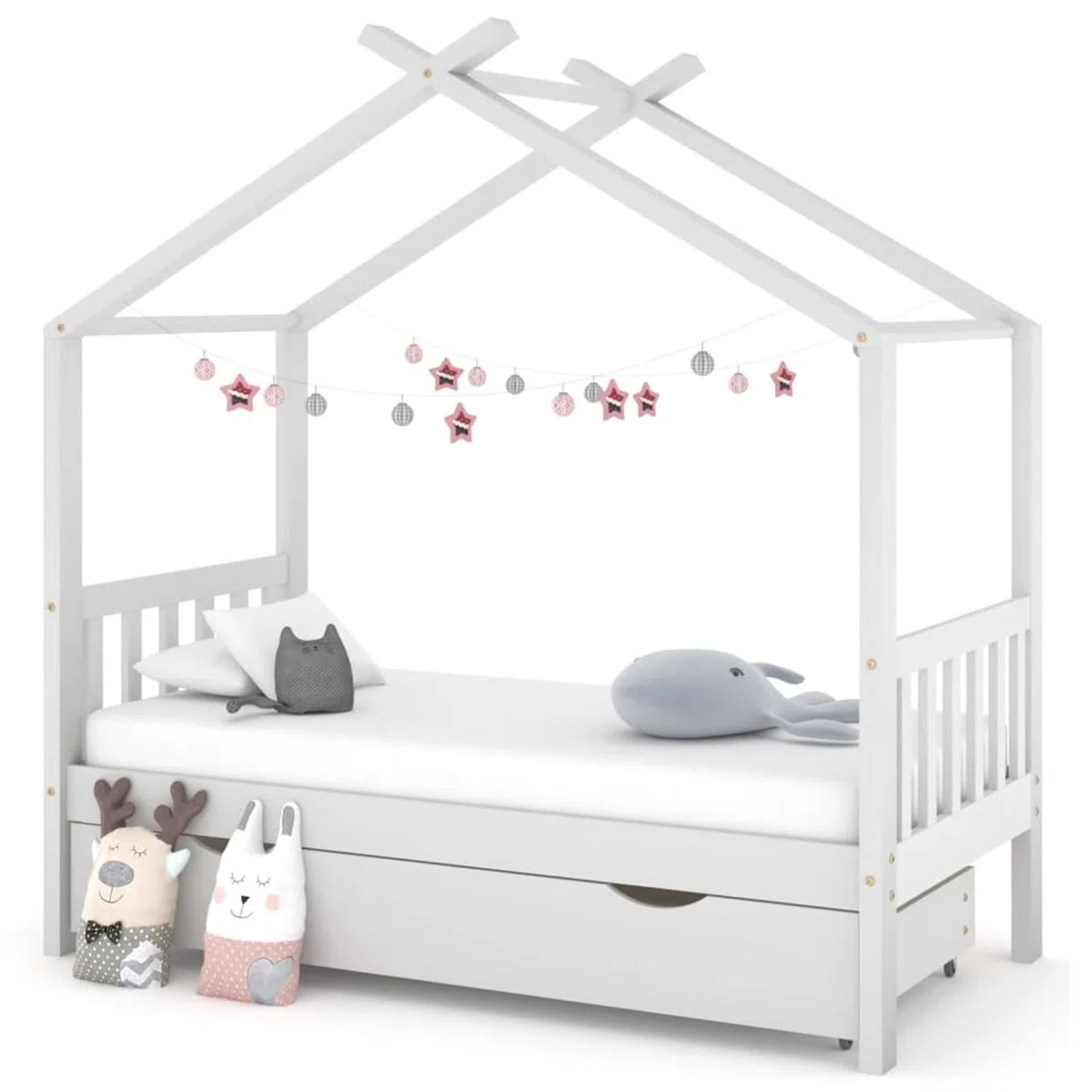 Chusui Kinderbett mit Schublade, Kinderbett, Hausbett, Kinder Bett, Betten, Weiß Massivholz Kiefer 80x160 cm