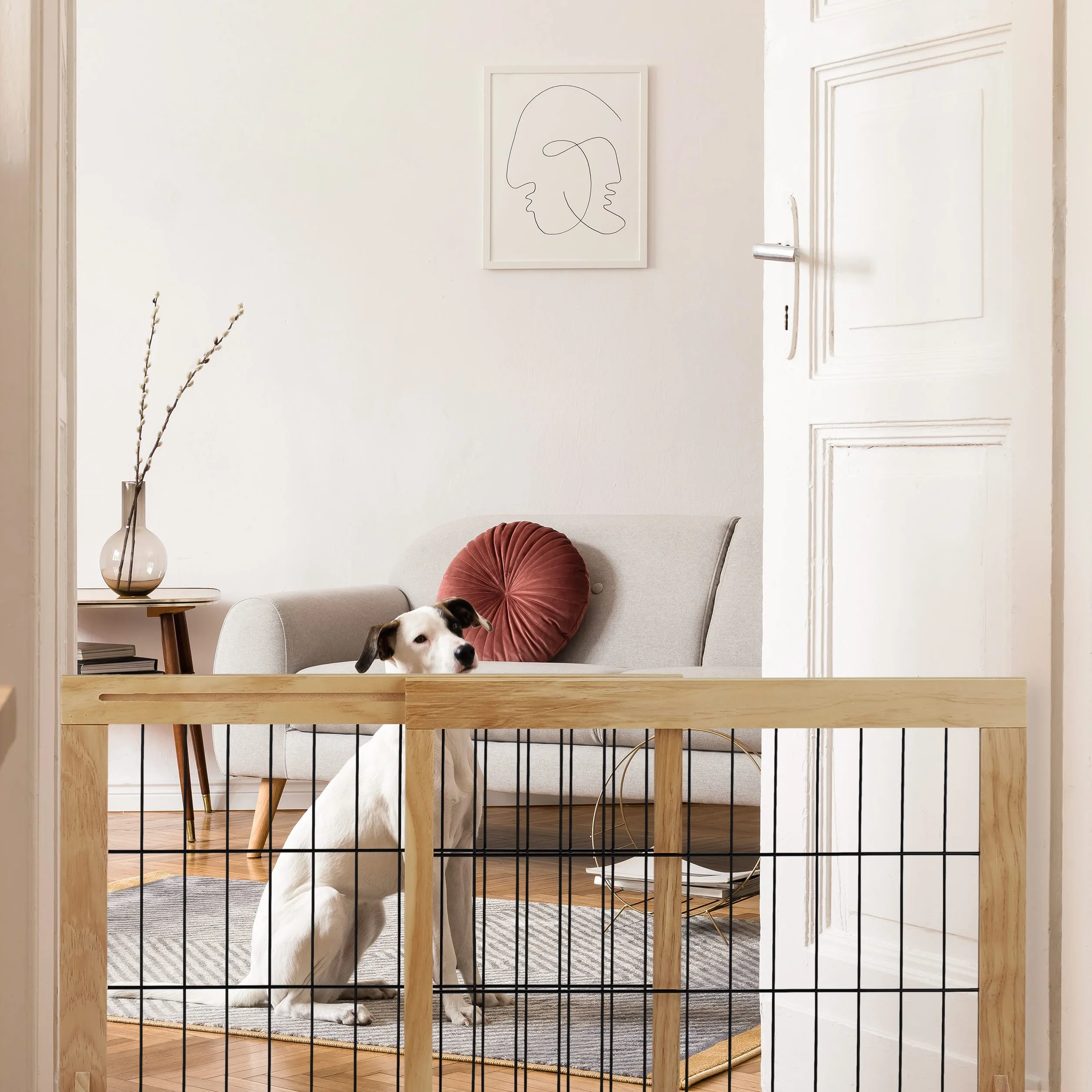 Relaxdays Absperrgitter, ausziehbares Schutzgitter, Treppe & Tür, HxB: 56x70-108 cm, freistehend, Kinder & Hunde, Natur