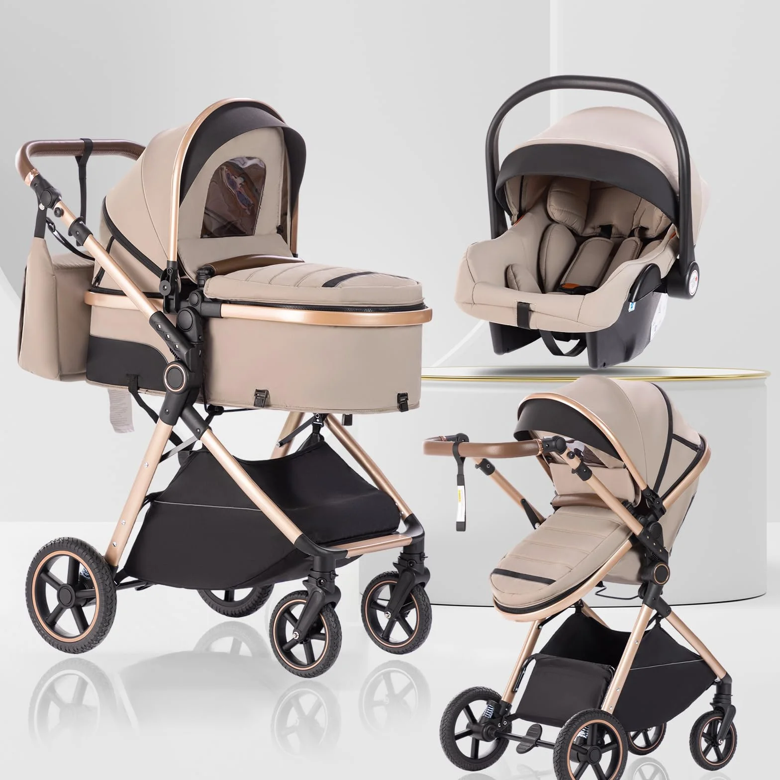 Kinderwagen 3 in 1 mit Babywanne, faltbar, verstellbarer Griff, PU-Räder, Khaki-Beige