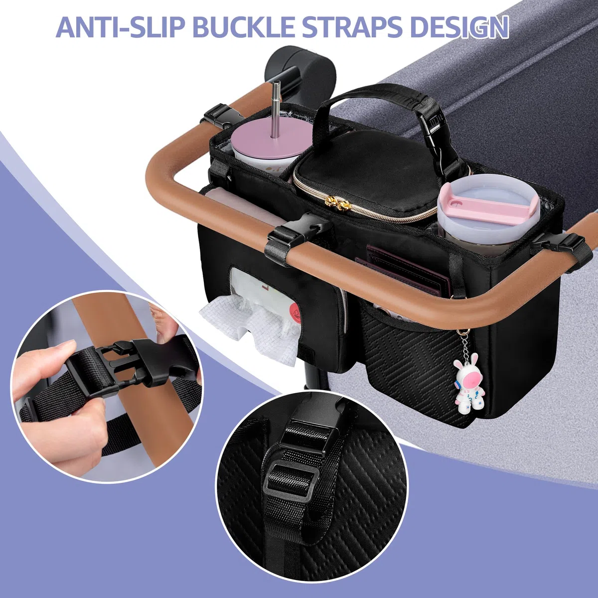 Kinderwagen Organizer für Elternkonsole, Kompatibel mit WONDERFOLD W2, Kinderwagen Caddy mit 2 Isolierten Getränkehaltern und Abnehmbarer Kühltasche, Schwarz (Leere Tasche)