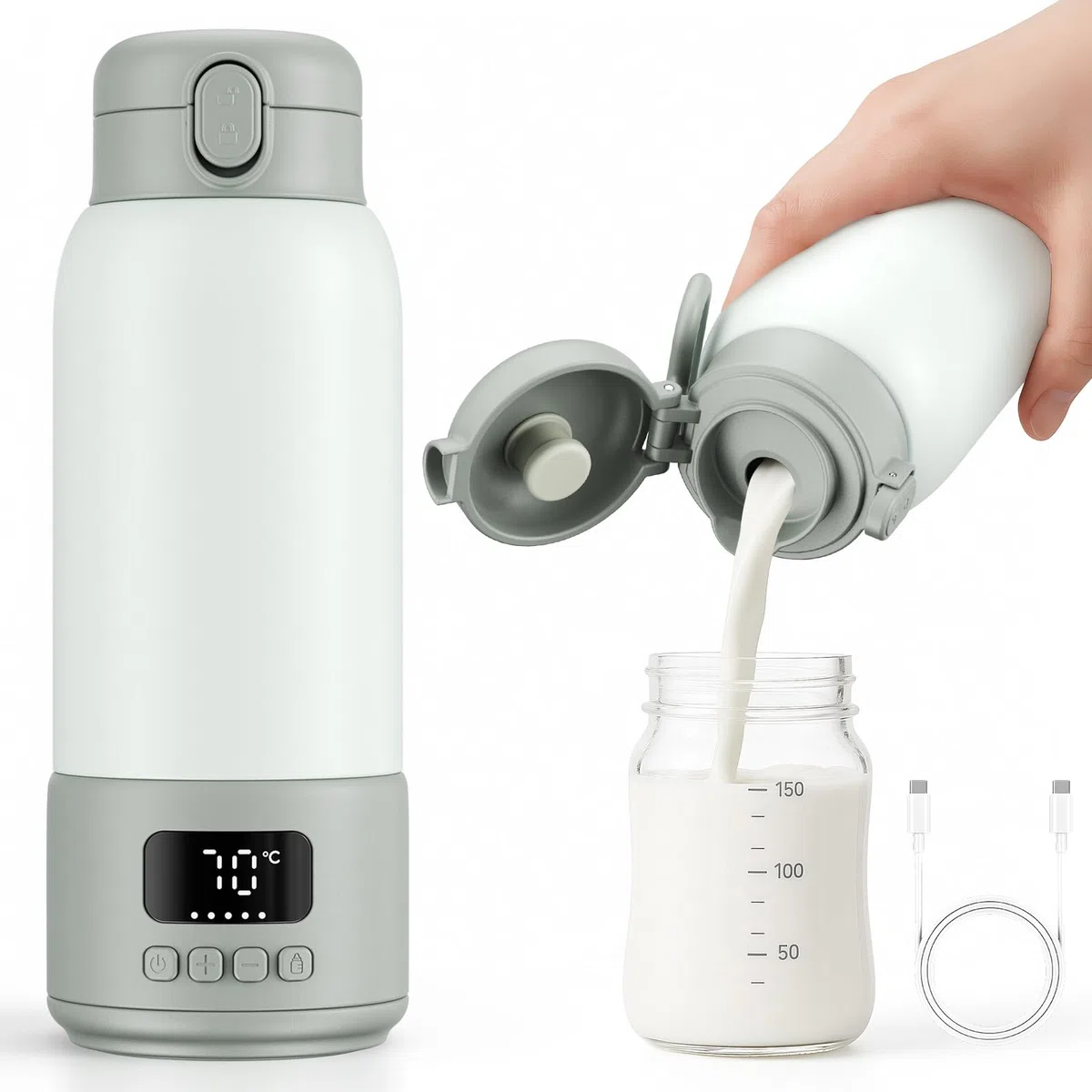 Tragbarer Babyflaschenwärmer 500 ml 3 Temperaturstufen Schnellladestecker Schnellaufheizen 2-3 Min für Muttermilch & Pre Nahrung