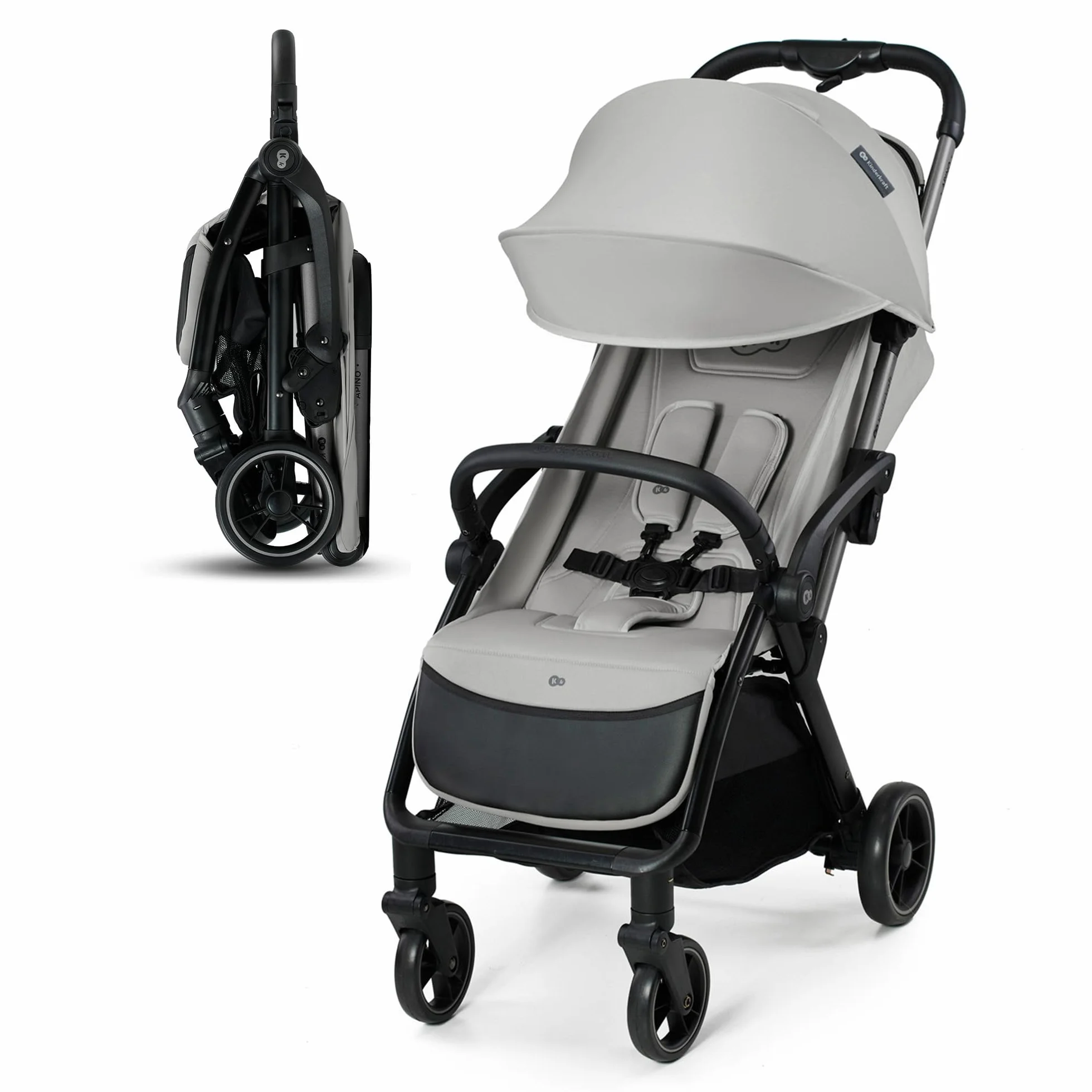 Kinderkraft APINO Buggy bis 22 kg, Liegebuggy, Leicht 7,5kg, Automatisches Zusammenklappen, Grau