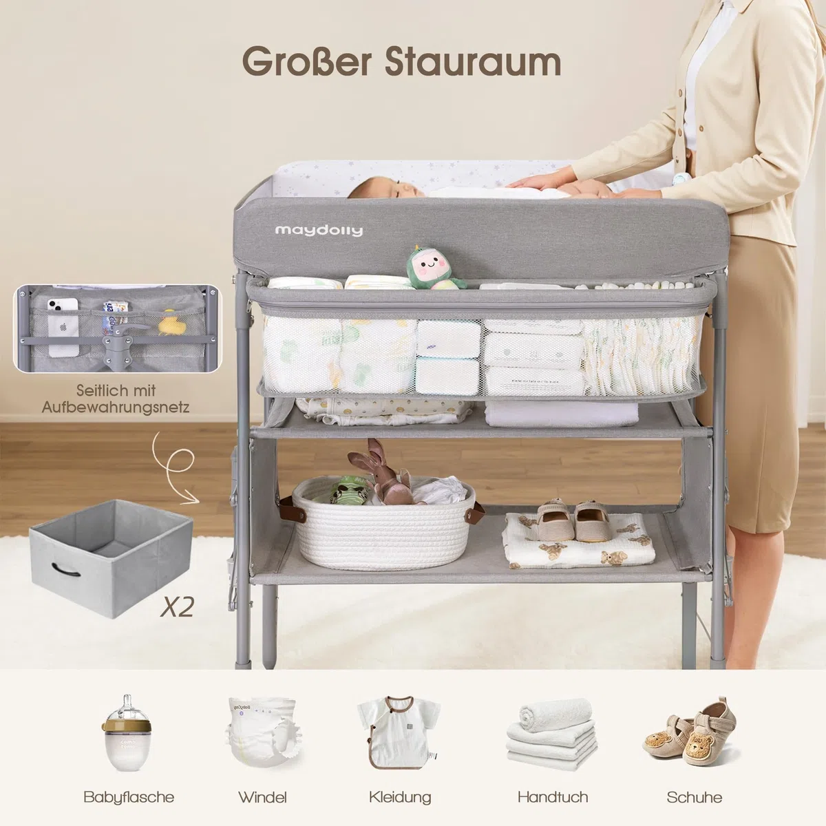 Maydolly Tragbarer Wickeltisch für Babys, Höhenverstellbar mit Rädern, Wasserdichtes Sitzkissen, Grau