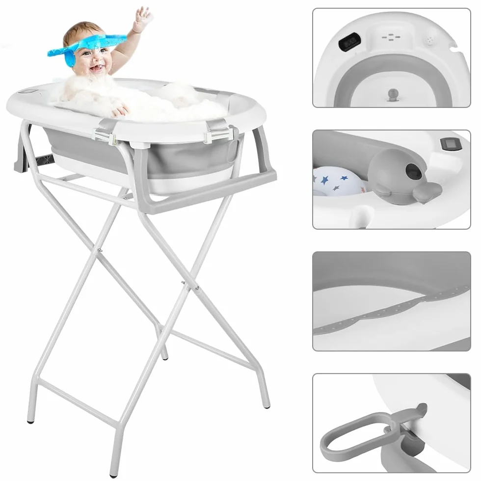 Faltbare Babybadewanne mit Standfuß – Große Badewanne XL mit Ständer/Sitz und Drainage-Set – Babywanne von Geburt bis 3 Jahre – Babygeschenk – (Stil 5) 81,5 x 48 x 21 cm – Grau