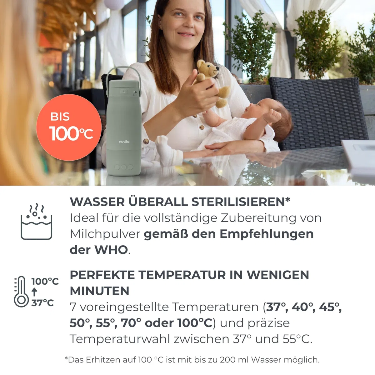 Nuvita 1190 Tragbarer Milchwärmer 500 ml – Kabelloser Flaschenwärmer mit wiederaufladbarem Akku, 3 wählbare Temperaturen 37 °C/55 °C/100 °C, hält bis zu 12 Stunden warm, ideal für Milch und Kräutertee