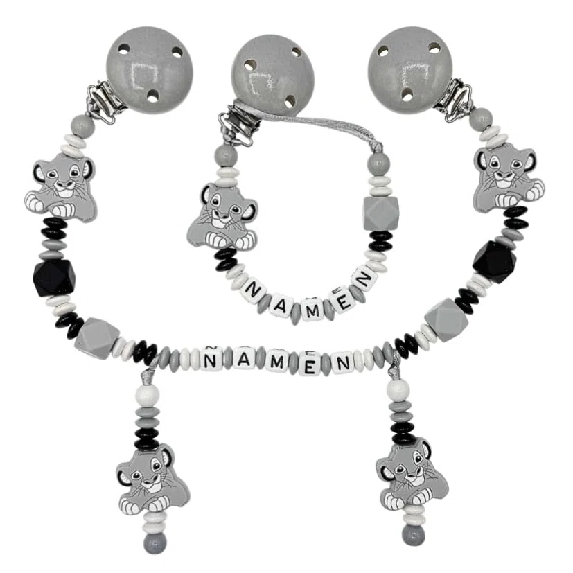Generisch Set Nuckelkette + Kinderwagenkette mit Namen LÖWE Hellgrau Weiß Schwarz/Baby/Unisex/Personalisiert/HANDMADE