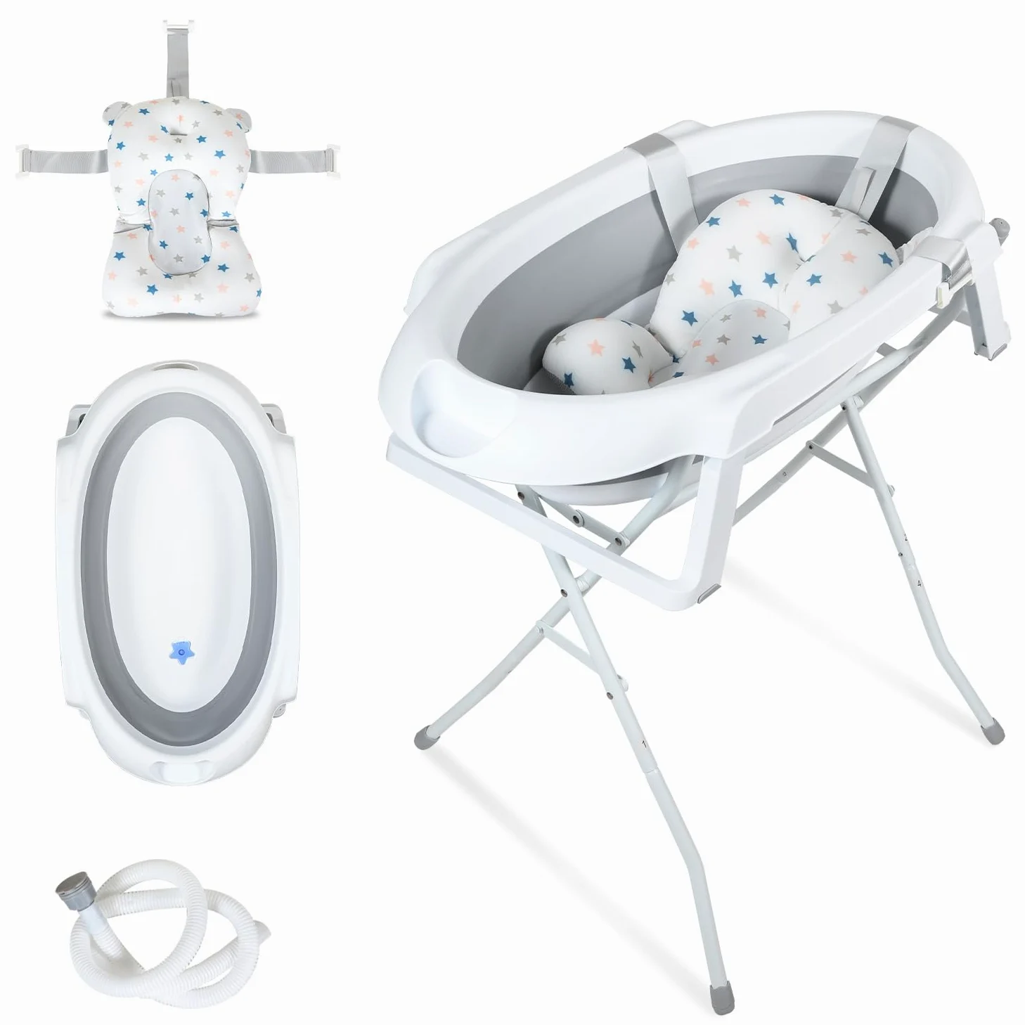 Baby Badewanne, Faltbar Babybadewanne mit Gestell 80cm, Baby Badewanne mit Temperatursensor und Bath Mat, Babybadewanne Neugeborene, Grau