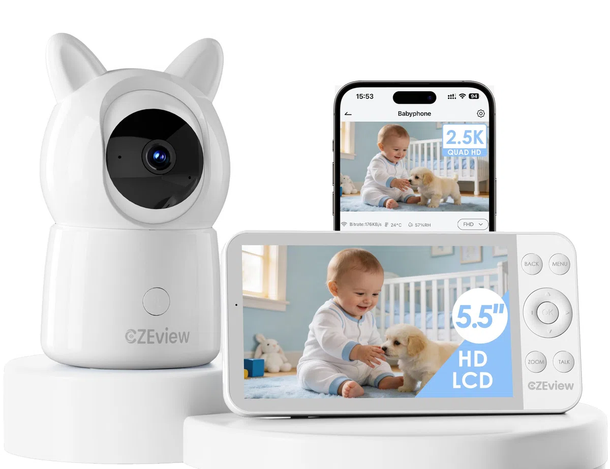 CZEview Babyphone mit Kamera 2.5K & 5.5-Zoll-HD-Großbildschirm, Nachtsicht, 360° WLAN Video Babyfon mit App, Musik & Buntes Nachtlicht, Intelligente Erkennung (Weiß mit 1 Kamera) | Superklar, Nachtsicht, Zwei-Wege-Audio, Schlaflieder, Temp.-Sensor, Schwen
