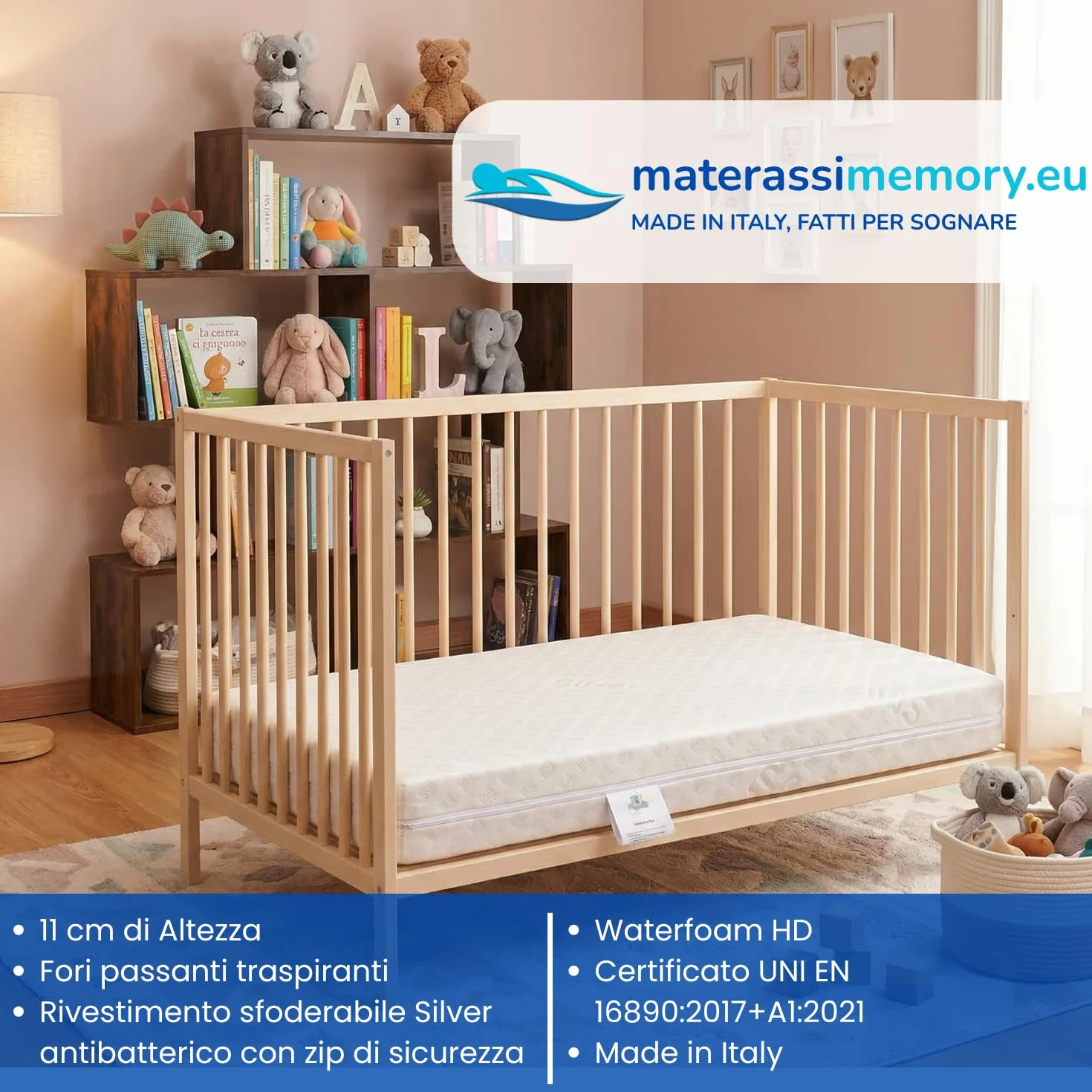 Materassimemory.eu - Matratze für Wiege Babybett Modell Bimbo Plus Erstickungsschutz Maßnahme 60x125 cm hoch 11 cm mit abnehmbarem Bezug und maschinenwaschbar mit kostenlosem Erstickungsschutzkissen.