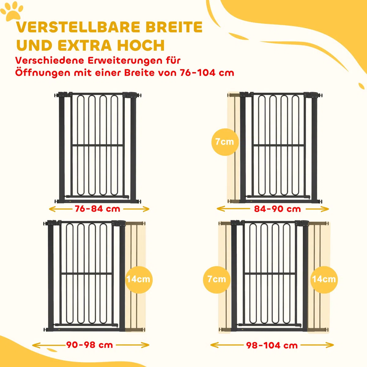 PawHut Treppenschutzgitter 104cm Türschutzgitter Absperrgitter ohne Bohren 76-104 cm Schutzgitter aus Stahl für Hunde, Haustiere Treppen, Tür, Schwarz