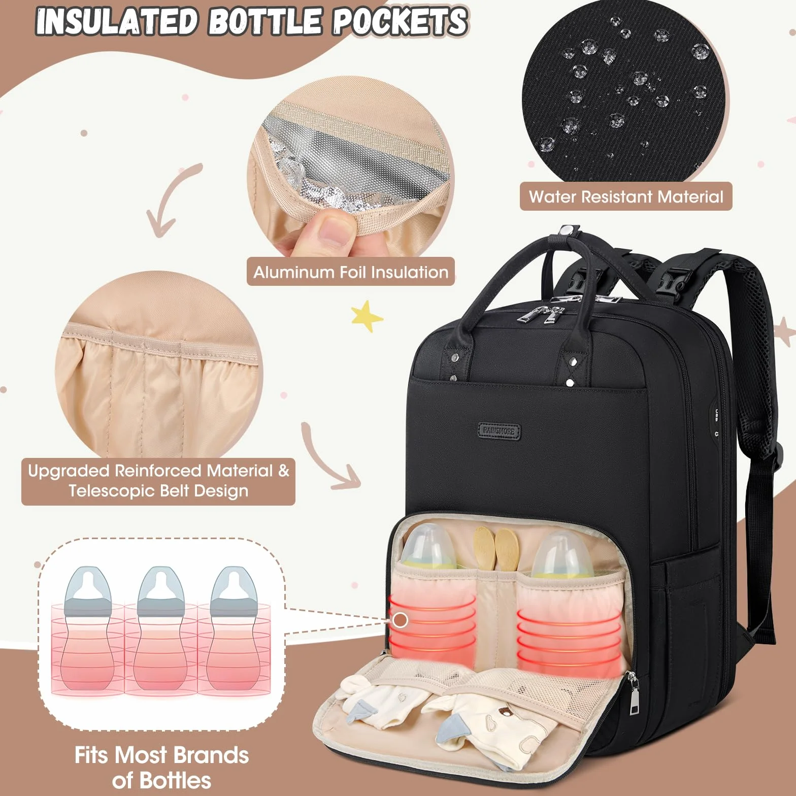 RAINSMORE Wickelrucksack Baby Wickeltasche Rucksack mit Wickelunterlage Unterwegs Groß Diaper Bag Multifunktions Baby Taschen für Mama und Papa Schwarz