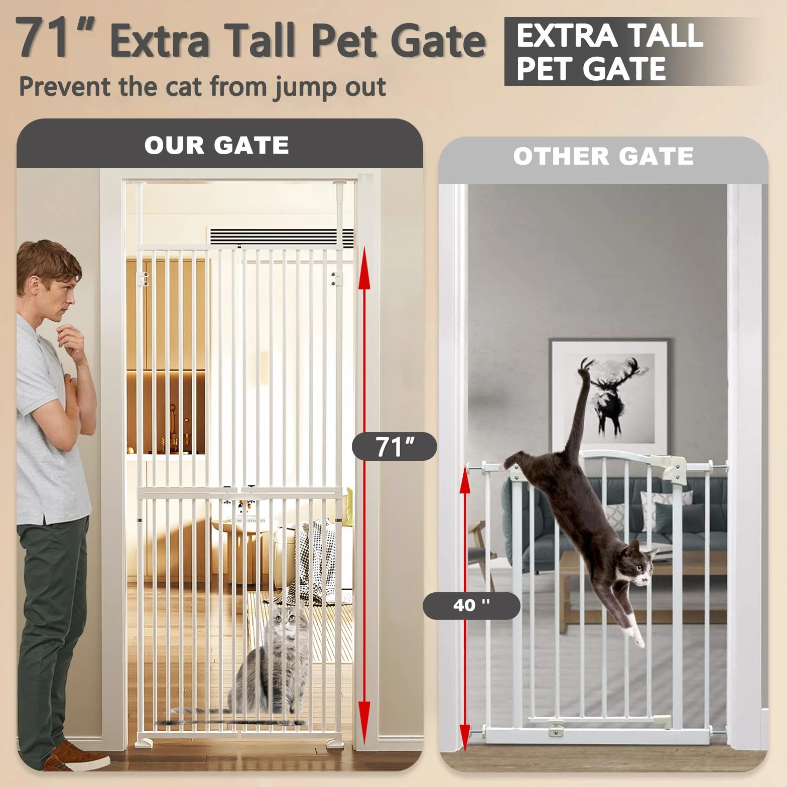 Extra hohes Haustiertor Katzentor mit Türen Schlösser, ausziehbar verstellbar Hundegate ohne Bohrung, Breite 65-72 cm (XS)