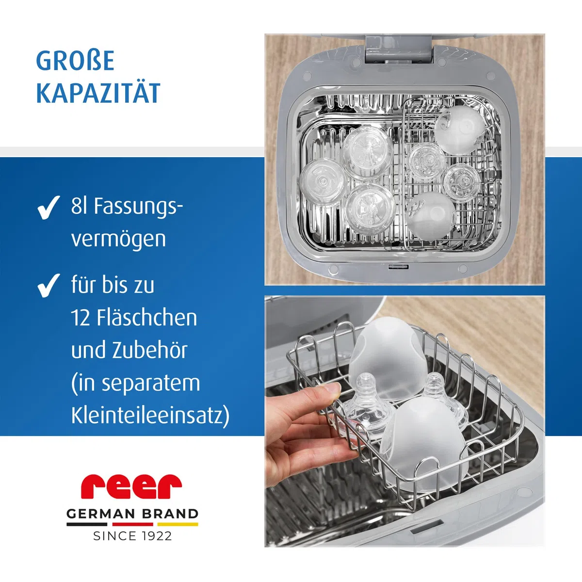 reer UV-C Desinfektionsgerät mit Trocknungsfunktion | Sterilisator für Babyflaschen und Baby Zubehör | Flaschensterilisator