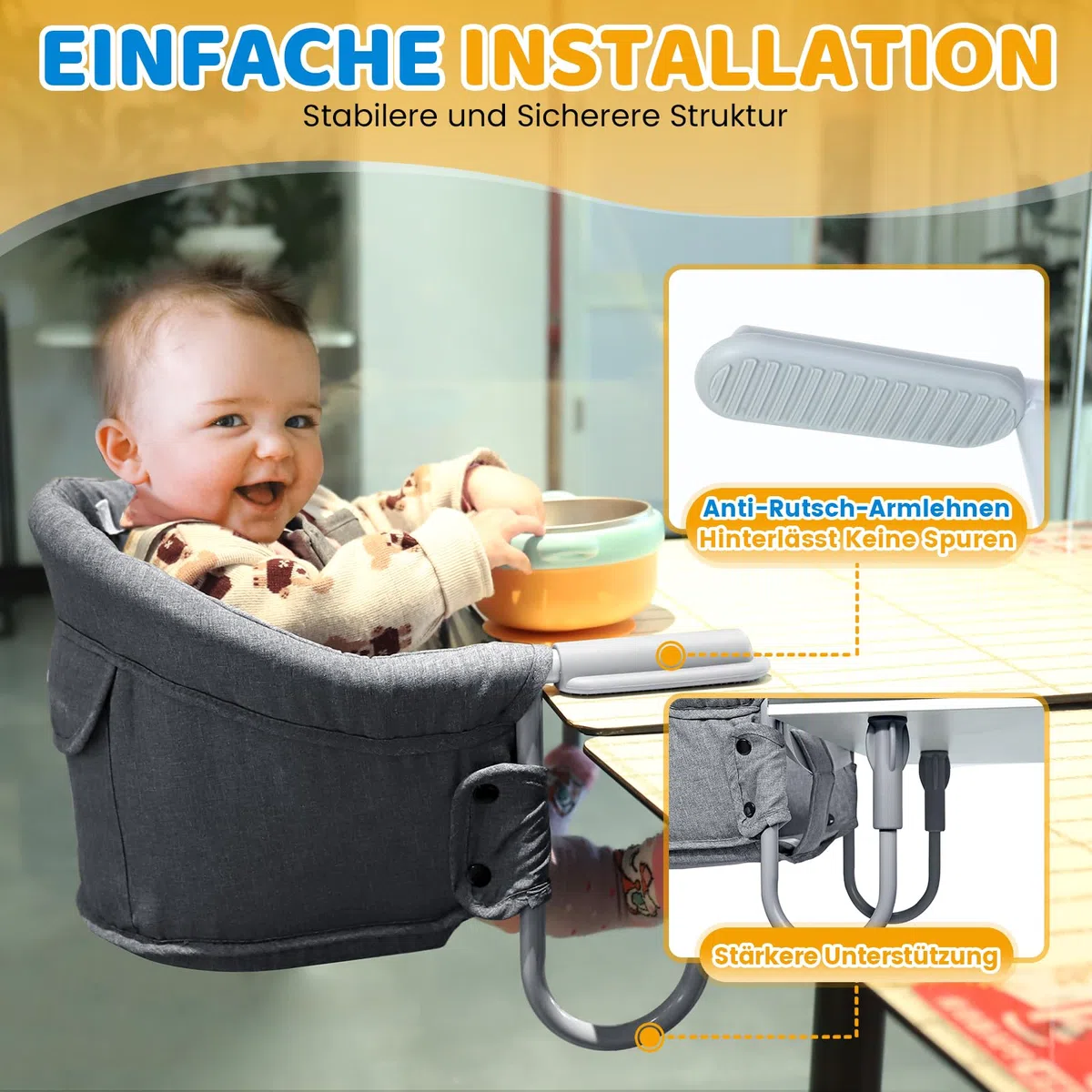 Orzbow Tischsitz Baby mit 5-Punkt-Sicherheitsgurt,Wasserdicht Tischsitz Faltbar Babysitz mit Schultergurt-Polstermatten,Hinterlasse Keine Spuren,Waschmaschinenfest,Ideal für zu Hause und Unterwegs