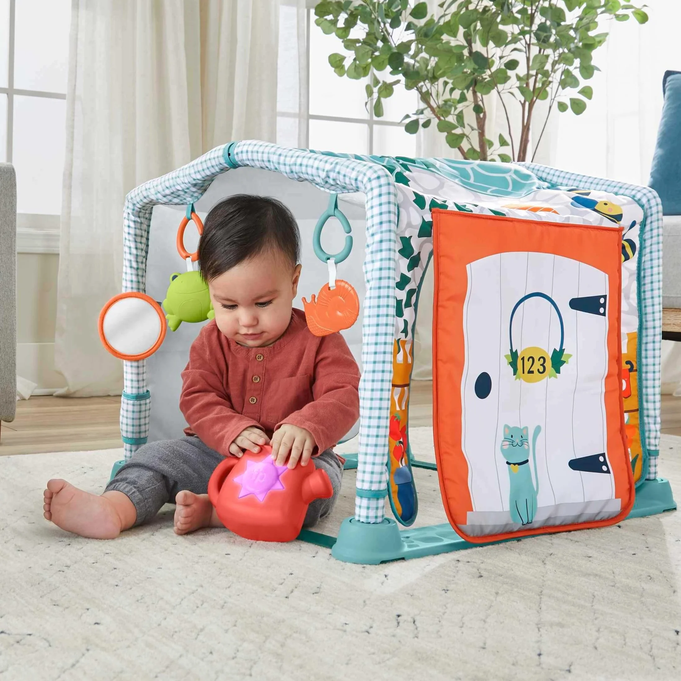 Fisher-Price HJK45-3-in-1 Kleine Ferienhaus Spieldecke, Spieldecke für das Spielen in Bauchlage und Tunnel zum Hindurchkrabbeln mit Spielzeug für Babys und Kleinkinder ab der Geburt