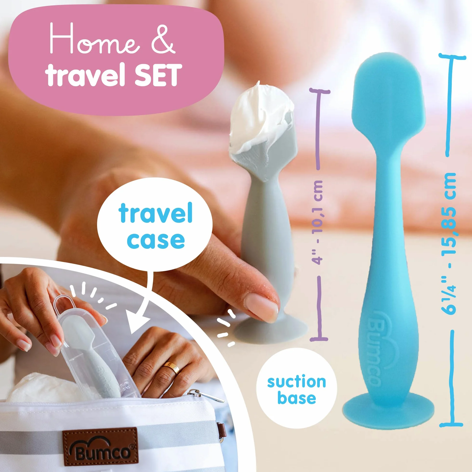 Bumco Baby Essentials für Neugeborene – Baby Bum Brush Original Windel Rash Cream Applikator, weicher, einzigartiges Geschenk plus Mini-Windelausschlag-Creme-Applikator mit Reiseetui, Blau & Grau | BPA-frei – Wickeltasche mit Saugnapf-Boden. Inklusive Rei