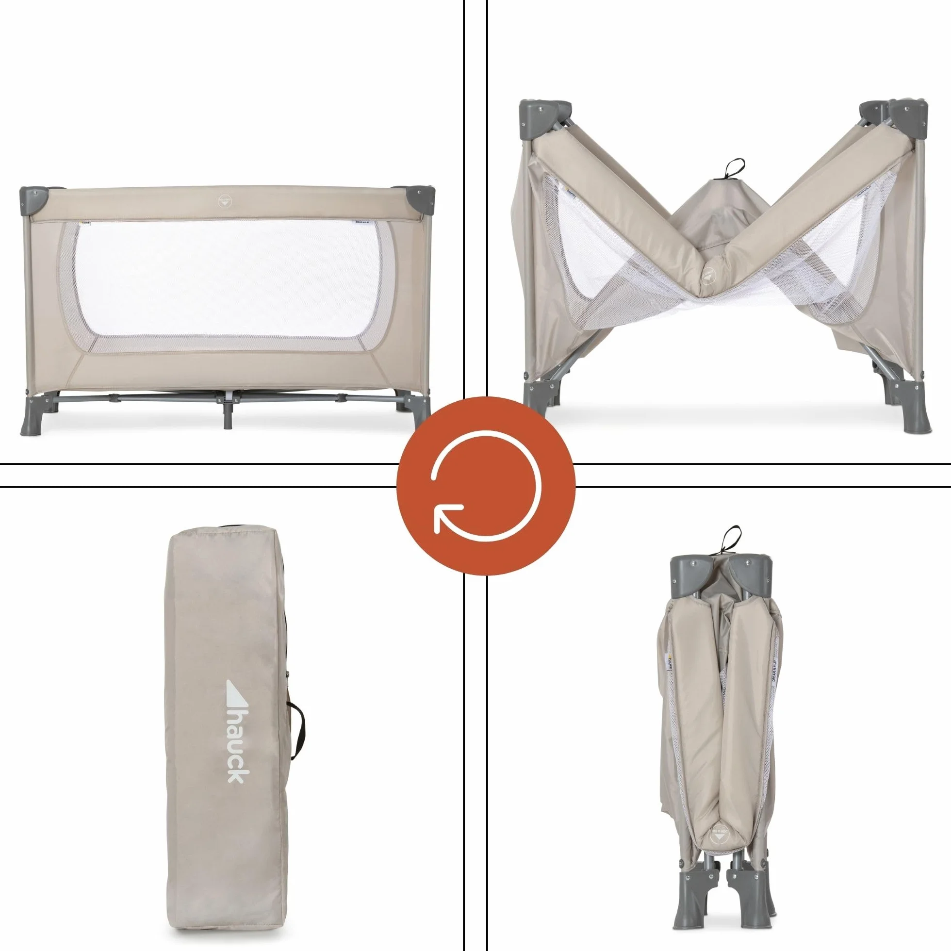 hauck Dream N Play, Beige - Baby & Kinder Reisebett mit Tragetasche ab Geburt bis 15 kg, Schnell & Kompakt Faltbar, Große Netzfenster
