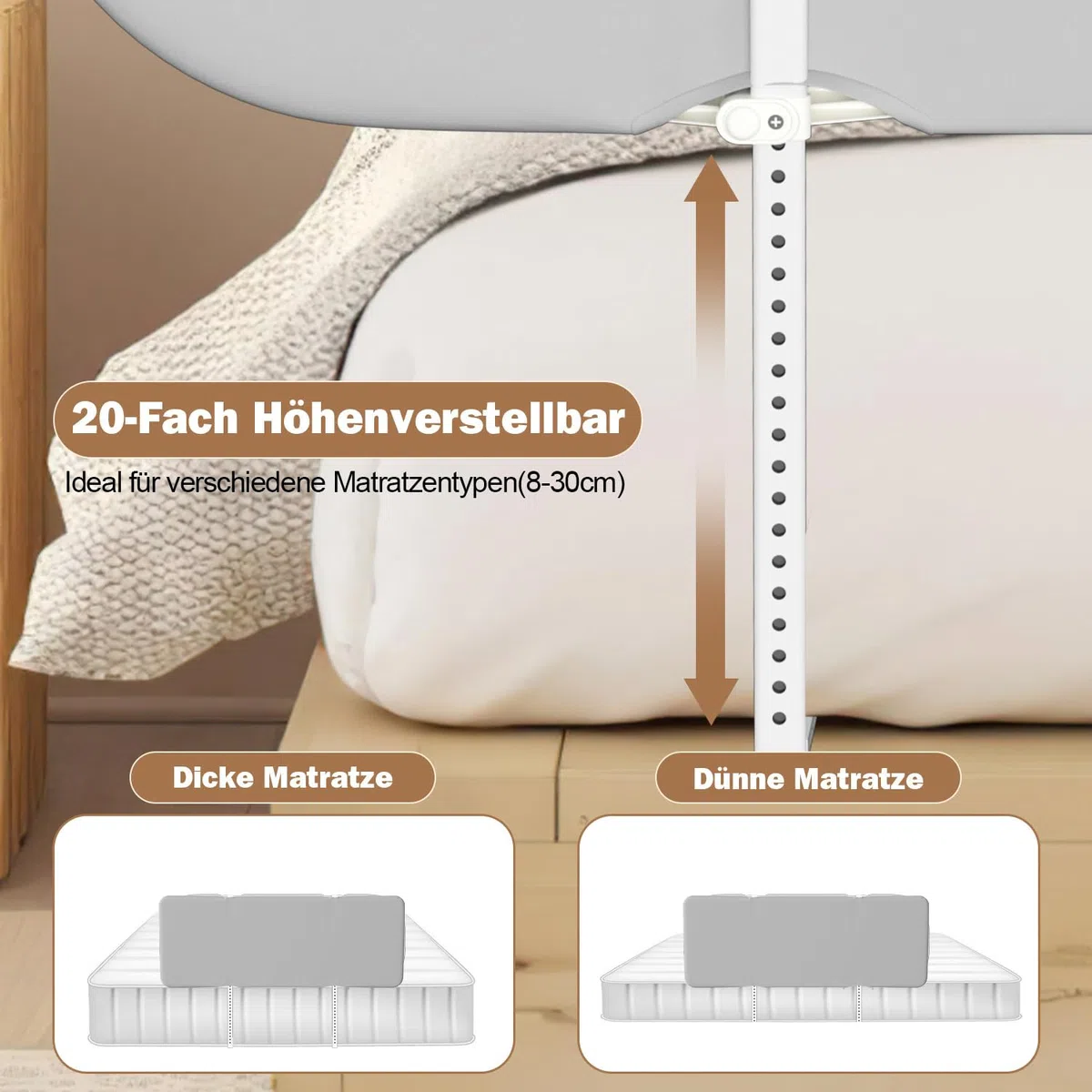 Eulenke 180cm Bettgitter Rausfallschutz Klappbar, Höhenverstellbar Bettschutzgitter Kinderbettgitter Tragbar bettgitter für Reisen Einfache Montage, Grau