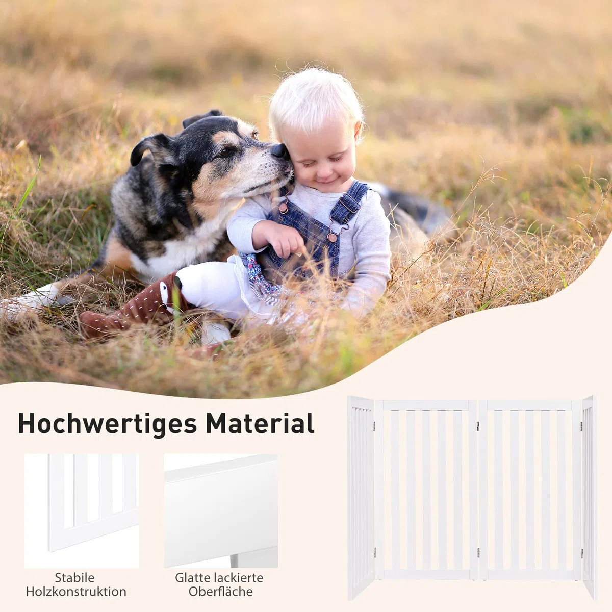 COSTWAY Absperrgitter Hunde 89cm Hoch, 4 Paneelen Schutzgitter Holz, Kindergitter klappbar, Treppengitter Hundeabsperrgitter flexibel Türschutzgitter (Weiß)