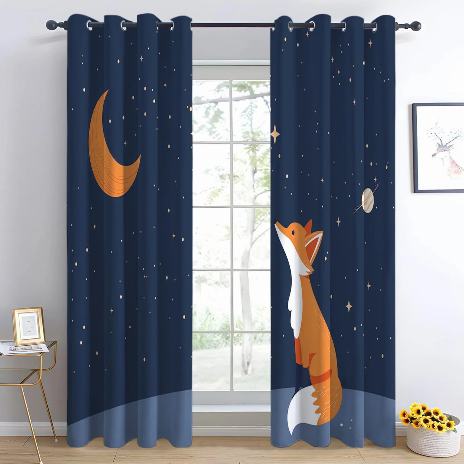 Blackout Vorhänge H166 x B150 cm Verdunkelung Vorhang mit Ösen, Cartoon Tier Fuchs Sterne Vorhang Dunkelblau Weich Polyester Vorhänge für Wohnzimmer Schlafzimmer und Kinderzimmer Dekorieren
