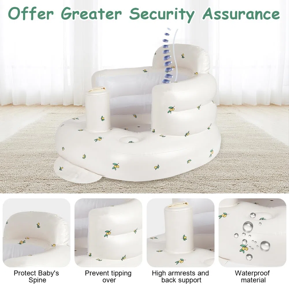 Aufblasbarer Babysitz, tragbarer aufblasbarer Babysofasitz mit eingebauter Luftpumpe, Kleinkind-Badesitz für Reisen über 3 Monate, Kleinkind-Bodensitz für Reisen, Olivenblüte