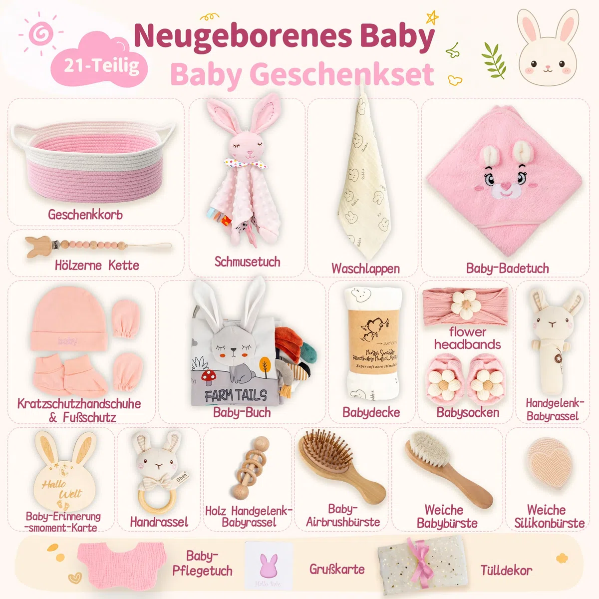 Baby Geschenk 20-teilig, Neugeborenen Set, Geschenk zur Geburt | Set mit Decke, Haarband, Holzrassel, Baby Schnuffeltuch und Tuch.