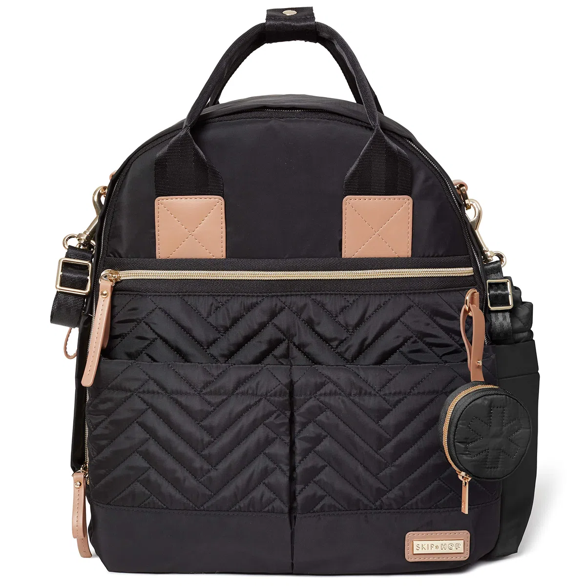 Skip Hop 200675, Multifunktions-Baby-Reisetasche mit Wickelunterlage, Kinderwagenriemen, Flaschentasche und Schnullertasche, veganes Leder, Schwarz mit Goldrand, Suite 6-in-1 Windelrucksack Set