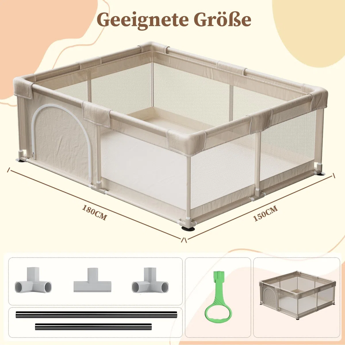 Koonmi Großes Laufstall Baby 150x180 cm Faltbarer Laufgitter mit atmungsaktivem Netz, Stoff & Saugnäpfen – für Babys & Kleinkinder, zusammenklappbarer Spielkäfig für Innen und Außen – Beige