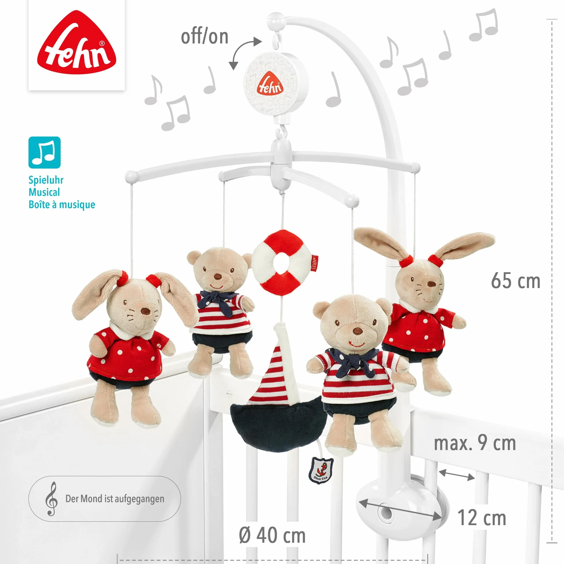 Fehn Musik Mobile Ocean Club - Baby Einschlafhilfe Musikspielzeug mit süßen Tieren - Babymobile Spieluhr Melodie "Der Mond ist aufgegangen" - Musikmobile Babybett Spielzeug für Babys von 0–5 Monaten