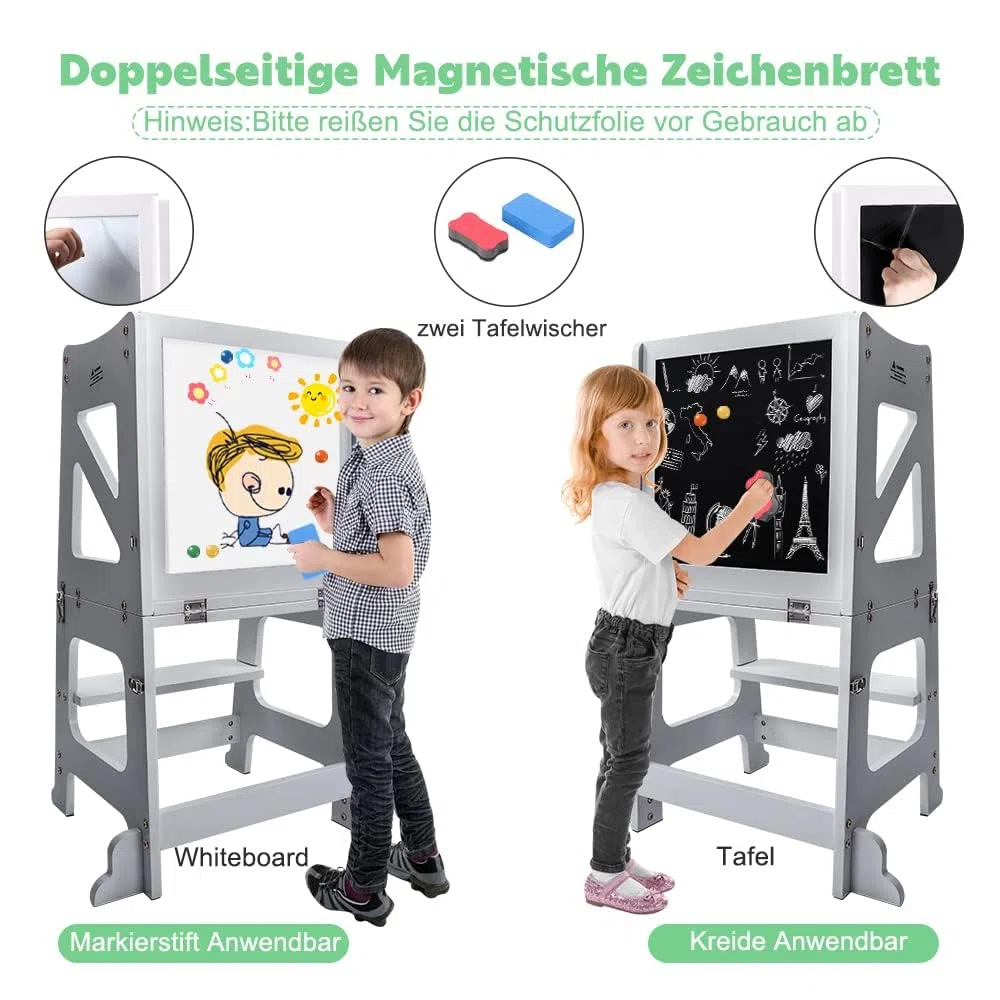 YOLEO Lernturm ab 1 Jahr, 3 in 1 Learning Tower für Kinder, Klappbare Tritthocker mit Rausfallschutz, mit doppelseitiger magnetischer Tafel, Küchen-/Badezimmerhelfer (Grau)