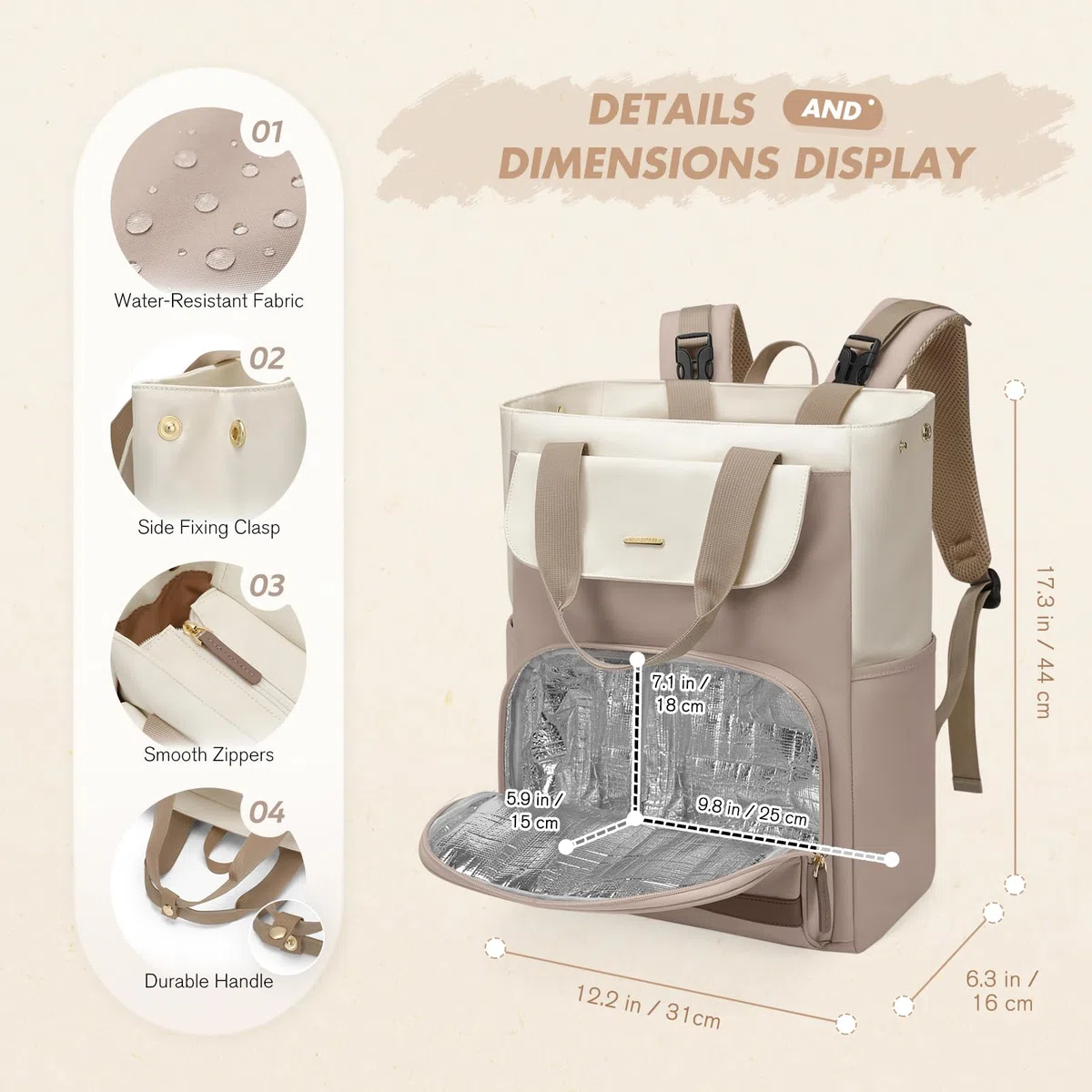 GOLF SUPAGS 25L Baby Wickelrucksack mit Tragbarer Wickelauflage und Kinderwagengurte, Lsoliertes Lunch Rucksack, Diaper Bag Babytasche Multifunktional für Mama und Papa (Champagnerfarben & Weiß)