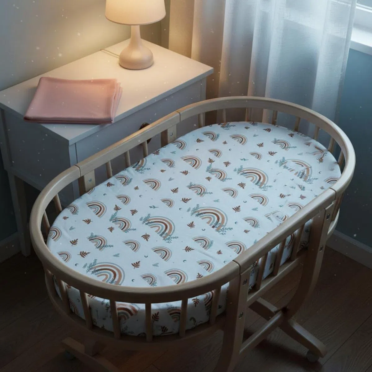 Baumwoll Wiegenlaken Babybettlaken Spannbettlaken Matratzenbezug Atmungsaktiv Kuschelweich Schutz für Babymatratzen mit Rundumgummi Kein Verrutschen, Orange Regenbogen, 133-71-22cm