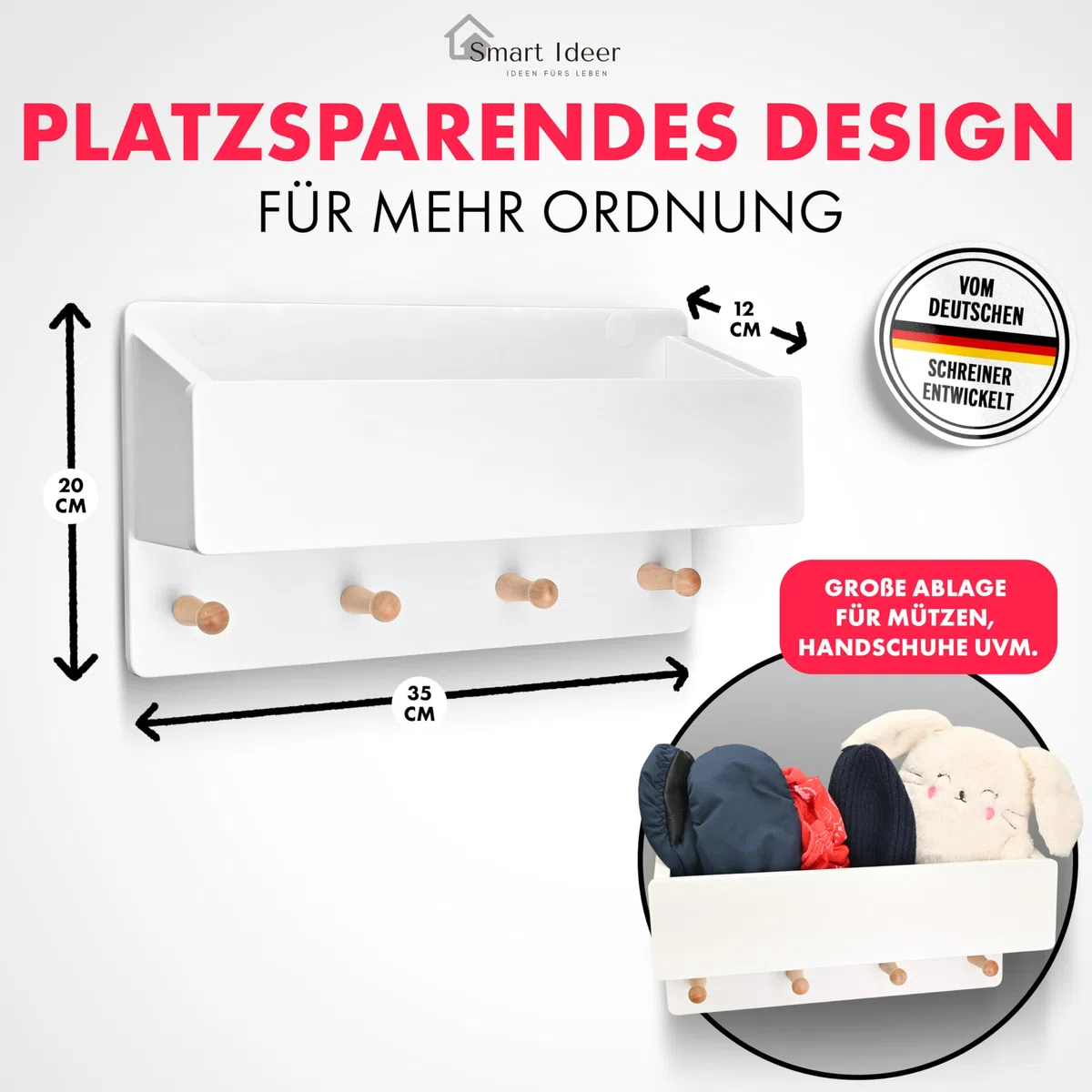 Kindergarderobe mit Ablage - Individuell mit selbstklebenden Buchstaben - Wandgarderobe aus Holz - Garderobe mit 4 Haken - Garderobe Kinder mit Ablage