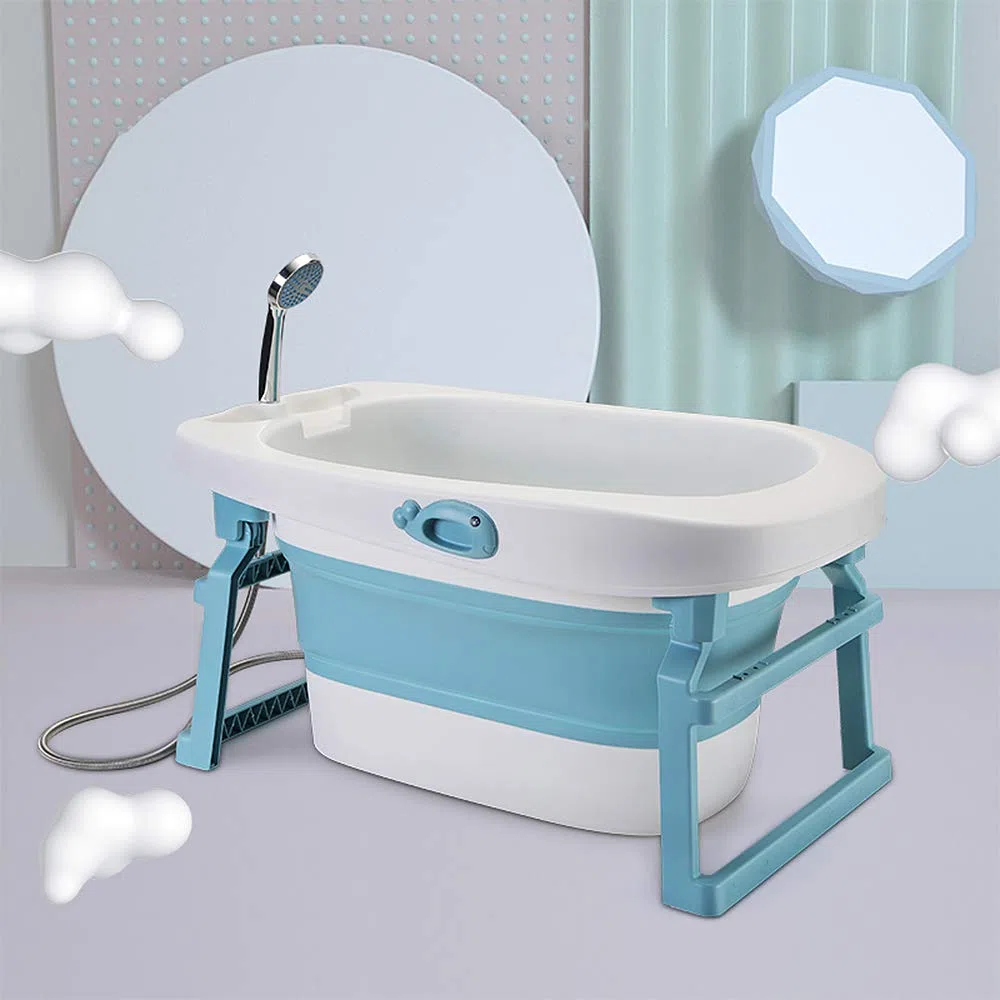 OHMG Faltbare Babywanne für Kinder, tragbar, faltbar, mit rutschfester Matte und Ablaufloch, für Neugeborene bis 6 Jahre, in Blau